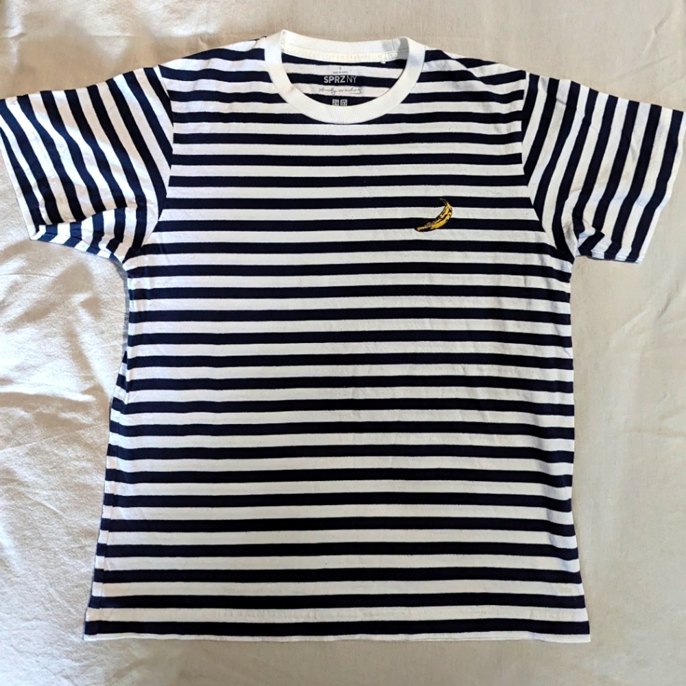 Uniqlo Andy Warhol Blue and White Striped Tee w Banana Embroidery